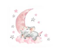 Adesivo murale con elefantino che dorme su nuvola, luna e stelle - decorazione cameretta neonati disponibile in rosa o azzurro, effetto acquerello dolce e rilassante - 67x60 cm (rosa)
