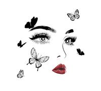 Adesivo murale decorativo con occhi femminili realistici, labbra rosse e farfalle in volo - design elegante e artistico per salotti, camere da letto e ambienti glamour