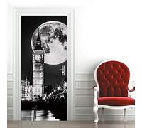 Adesivo Murale Per Porta Murale Per Porta 3D Luna In Bianco E Nero Della Costruzione Della Città Adesivi Per Porte Murali Per Pareti Interne Carta Da Parati Artistica Per Poster Decalcomanie Per Port