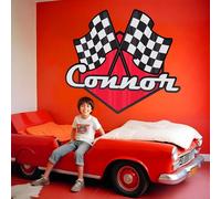 Adesivo Murale Personalizzato per Cameretta - Decalcomania con Nome e Bandiere a Scacchi - Decorazione da Parete Tema Auto da Corsa per Bambini e Ragazzi