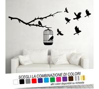 Adesivo Murale RAMO GABBIA UCCELLI Decorazione Parete Wall Sticker Tattoo