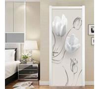 Adesivo Per Porte 3D Per Porte Interne, 77X200Cm Fiori Bianchi Alla Moda Fotomurali Autoadesivi Per Porte In Vinile, Carta Da Parati Soggiorno Cucina Camerette Art Applique