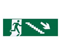 Adesivo per segnaletica di uscita di emergenza sulla scala a destra. Dimensioni: 6,5 x 20 cm, spessore 0,01 cm. Ideale per migliorare la sicurezza e la visibilità durante l'evacuazione.