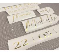 Adesivo personalizzato per specchi/acrilico - oro, argento, bianco, nero, cartello di benvenuto in vinile con nome e data, elegante decorazione di nozze