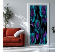 Adesivo Porta Fiore Di Rosa 3D Foglie 90x200 cm Nero 3D Adesivi per porte Stacca e attacca - Carta da parati autoadesiva per pareti e porte poster per la camera da letto e il soggiorno