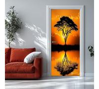 Adesivo Porta Tramonto Sull'Albero Savana Africana 90x210 cm Colore Arancione 3D Adesivi per porte Stacca e attacca - Carta da parati autoadesiva per pareti e porte poster per camera da letto