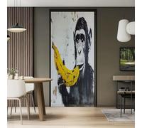 Adesivo Porta Trompe l'occhio Effetto 3D Interno in PVC Adesivo da Parete Decorativo Screziato Graffiti Gorilla Banana Nero Giallo, per Cucina Camera da Letto Bagno Carta da Parati 77 x 200 cm