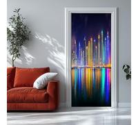 Adesivo Porta Vista Notturna Della Città Di Dubai Marina 90x210 cm Colorato Carta da Parati Interno in PVC Adesivo da Parete Decorativo per Soggiorno Cucina Bagno Camera da Letto