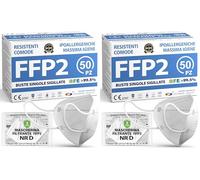 ADESTE - 50 Mascherine FFP2 NR D Bianche Certificate CE, Filiera controllata, anallergiche, con elastici comodi e resistenti. Sicura: capacità filtrante >99,5%, Buste singole sigillate