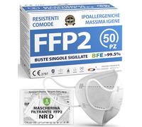 ADESTE - 50 Mascherine FFP2 NR D Bianche Certificate CE, Filiera controllata, anallergiche, con elastici comodi e resistenti. Sicura: capacità filtrante >99,5%, Buste singole sigillate
