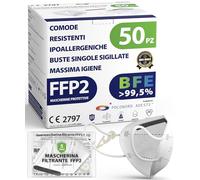 ADESTE - 50 Mascherine FFP2 NR D Bianche Certificate CE, Filiera controllata, anallergiche, con elastici comodi e resistenti. Sicura: capacità filtrante >99,5%, Buste singole sigillate