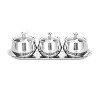 Adfaga Contenitore per condimenti in acciaio inossidabile 304, resistente e di alta qualità, con coperchio in vetro temperato e cucchiaio, per riporre gli utensili da, set da 3 pe