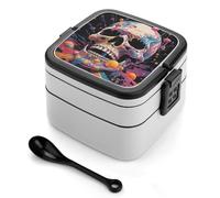ADFGYERH Contenitore per il pranzo con teschio e gelato, a doppio strato, con divisorio e cucchiaio, portatile, per mangiare fuori, lavoro, viaggi, picnic, adatto sia per uomini che per donne.