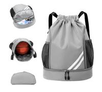 Adfuenom Sacca sportiva per ragazzi e donne, uomini e bambini, borsa sportiva con coulisse, scomparto per scarpe, zaino da pallacanestro, borsa sportiva da calcio, impermeabile, grigio., L