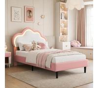 ADFUNIT Lettino per bambini, 90 x 200 cm, letto imbottito con illuminazione a LED, letto singolo da ragazza con testiera regolabile, struttura con rete a doghe, letto per ragazzi con nuvole, in