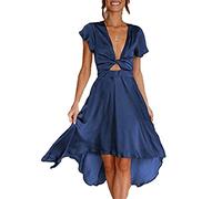 Adhdyuud Abito longuette a maniche corte estivo da donna una linea sciolta con scollo a V, blu navy, S