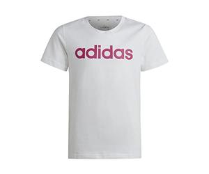 adidas Bambina Essentials Linear Logo Cotton Slim Fit Tee, White/Semi Lucid Fuchsia, 7-8 Years