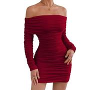 Adigau Vestito da Donna Elegante Abito da Festa Sexy Abito con Spalle Scoperte Miniabito Aderente a Maniche Lunghe Vestito da Cocktail Corto Rosso XS