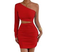 Adigau Vestito da Donna Sexy Abito da Festa Elegante Miniabito con Spalle Scoperte Abito Aderente a Maniche Lunghe Vestito da Cocktail Corto Rosso XS