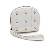 AdiStylinno Portafoglio da donna con porta carte di credito, grazioso fiore ricamato, piccola cerniera porta carte, in pelle PU, mini portafoglio a fisarmonica con cinturino da polso, bianco, 11.3 x