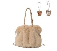 Adius Borsa tote soffice, borse pelose donna tote bag, borsa in peluche con graziosi accessori, per viaggi e lavoro (Khaki)