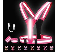 Adiwo LED Gilet Catarifrangente Running, 1Luce Super Luminosa Ricaricabile USB 2 Braccialetto Riflettenteper Camminate/Ciclismo/Jogging Notturni, Regolabile per Uomini e Donne Rosa