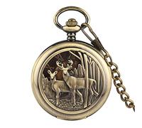 ADJAN Orologio da tasca del macchinario manuale di bronzo classico modello alce numeri romani quadrante doppio cacciatore ciondolo orologio a carica manuale, bronzo