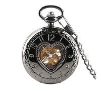 ADJAN Orologio da tasca meccanico vuoto del cuore retrò nero Orologio da tasca del pendente della macchina manuale dell'orologio a carica della catena spessa, nero