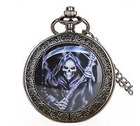 ADJAN Purple Light Skull Head Quartz Pocket Watch con Chain Clock Printing Skull Flip Case Pocket Watches mens For Women Men's Boy, Silver