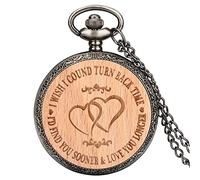 ADJAN Romantico VORREI POTER TORNARE INDIETRO NEL TEMPO Testo sull'orologio da tasca al quarzo in legno Orologio da tasca personalizzato inciso al 100% con catena della collana, cuore d'amore