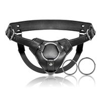 Adjustable Strap On Harness Vegan Leather Belt 2 Metal O-Rings for Couples Vaginal & Anal Play Black