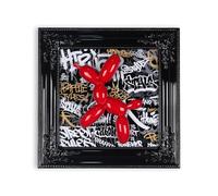 ADM - 'Cane palloncino' - Decorazione da parete originale composta da scultura Pop Art in resina abbinata a cornice neobarocca su sfondo graffiti - Rosso - H46 cm