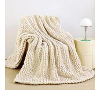 Admitrack Chunky Knit Blanket Throw 51"x63", 100% Hand Knit Chenille Throw Blanket for Sofa & Home Decor, Soft and Cozy Knitted Throw Blankets (Ivory，51"x63")