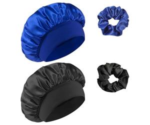 Admygo Berretto in Raso per Capelli da Notte con Elastici e Biglietti per Capelli, Cuffia Seta Capelli Notte, Adatto per Le Donne, Le Ragazze, Protezione per Capelli, Nero + Blu Tesoro