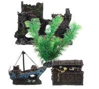 ADOCARN Set di 4 decorazioni per acquario, castello antico e naufragio, piante artificiali realistiche, forziere del, nascondiglio di pesci e gamberetti, decorazione per il paesaggio dell'acquario.