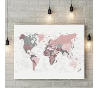 AdoDecor Stampa su tela, Poster da parete, Mappa del mondo rosa cipria e grigia Quadro su tela, Quadri camera da letto, Sfondo della sala studio Quadri moderni soggiorno cucina (Incorniciato)