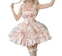 Adolescenti Kawaii Lolita Principessa Abito Carino Arco Decorazione Vacanza Senza Maniche Elegante Cocktail Party Increspature Abiti Ritorno a Casa, Rosa, S