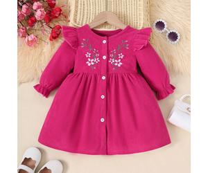 Adorabile abito lungo per bambine con maniche corte e ricamo, in velluto a coste fucsia 6-9M,9-12M,12-18M,18-24M,2-3YFloreale,PianteVelluto a coste