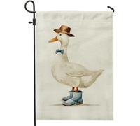 Adorabile bandiera da giardino a forma di anatra, uccello piumato bianco con cappello marrone e stivali blu, decorazione per la casa, decorazione per esterni in iuta su entrambi i lati, per feste