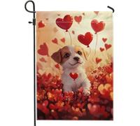 Adorabile bandiera da giardino a forma di cuore con cuccioli, palloncini rossi per la decorazione della casa e del giardino, in iuta su entrambi i lati, decorazione per esterni per San Valentino