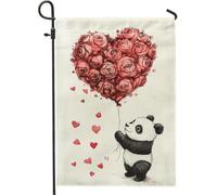 Adorabile bandiera da giardino a forma di panda a forma di cuore, con fiori rossi, decorazione per la casa, bandiera in iuta su entrambi i lati per San Valentino, decorazione per prato all'aperto