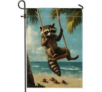 Adorabile bandiera da giardino a forma di procione, decorazione estiva tropicale, banner double face in tela di iuta, decorazione per prato all'aperto, decorazione divertente a tema animali