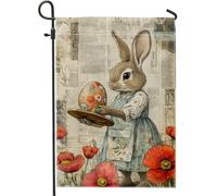Adorabile bandiera da giardino con coniglietto, uovo di Pasqua colorato e papavero, decorazione primaverile all'aperto per la casa, bandiera da cortile in iuta su entrambi i lati per feste 30,5 x 45,7