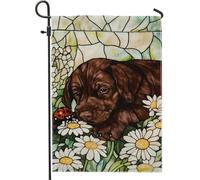Adorabile bandiera da giardino con cuccioli di labrador marrone, coccinella, decorazione per la casa e il cortile, in iuta su entrambi i lati, decorazione per prato all'aperto, 30,5 x 45,7 cm