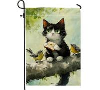 Adorabile bandiera da giardino con gatto con pane e uccelli, design primaverile fantasioso per la decorazione del prato, striscione esterno su entrambi i lati, decorazione a tema animale carino 30,5 x