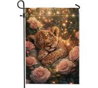 Adorabile bandiera da giardino con leone addormentato, decorazione floreale con cucciolo di marrone chiaro, striscione primaverile estivo per esterni, decorazione da giardino in iuta su entrambi i