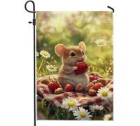Adorabile bandiera da giardino con topolino con fragole, simpatica opera d'arte con animali per la primavera e l'estate, decorazione esterna su entrambi i lati, striscione da giardino in iuta per