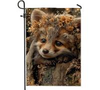 Adorabile bandiera da giardino con volpe, striscione floreale marrone con animali, decorazione per esterni in iuta su entrambi i lati, graziosa decorazione per la casa per feste in prato 30,5 x 45,7