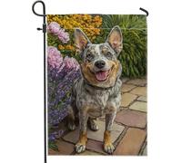 Adorabile bandiera da giardino per cani, decorazione colorata con tacco blu per primavera estate, bellissimo design floreale per la decorazione del prato esterno, striscione vibrante su entrambi i