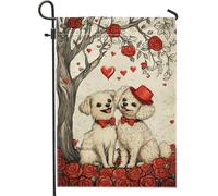 Adorabile bandiera da giardino per gli amanti dei cani, simpatici cuccioli bianchi e marroni con cuori e rose, decorazione per esterni primaverile estate per gli amanti degli animali, 30,5 x 45,7 cm